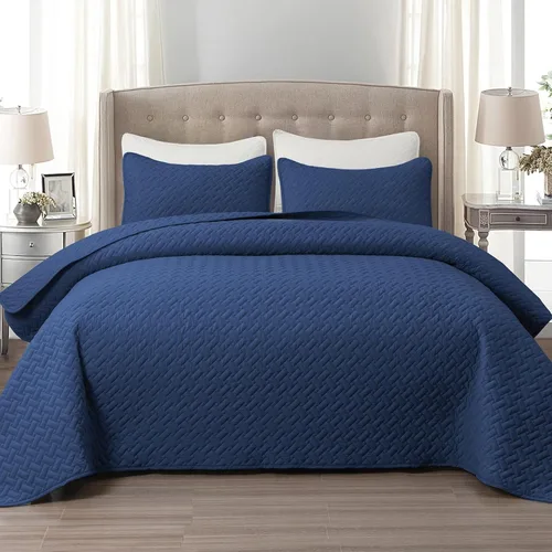 Vista 2 de EMME Juego de ropa de cama tamaño King, color azul marino, colcha suave y ligera prelavada, colcha de microfibra reversible acogedora de 3 piezas