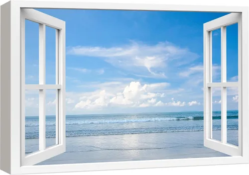 Vista 48 de wall26 - Cuadro en lienzo para pared, vista de ventana, atardecer neón, cielo, palmera tropical, playa, naturaleza, desierto, fotografía, realismo