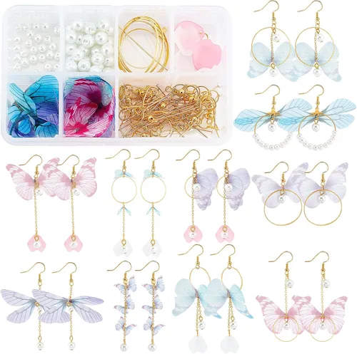 Vista 9 de SUNNYCLUE 1 caja de bricolaje 10 pares de dijes de alas de mariposa de hada, kits de fabricación de aretes de tela de organza, dijes de mariposas