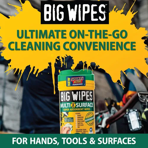 Vista 5 de BIG WIPES Recipiente multisuperficie resistente, paños de limpieza súper absorbentes para manos, superficies y herramientas, recipiente de 80