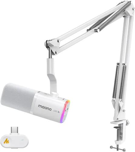 Vista 12 de MAONO - Micrófono dinámico USB inalámbrico PD100W, micrófono de PC para juegos con reducción de ruido de un solo clic, botón de silencio, RGB
