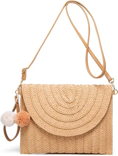 Vista 4 de Bolso cruzado con pompón tejido a mano para mujer, bolso cruzado de playa de verano, cartera
