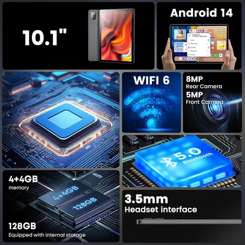 Vista 8 de 10 pulgadas Android Tablet 1280x800 IPS HD pantalla táctil 8 GB RAM+128 GB ROM 10' gris 2025
