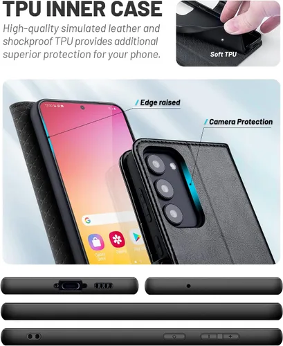 Vista 5 de OCASE Funda tipo cartera compatible con Galaxy S23 5G, de piel sintética Negro