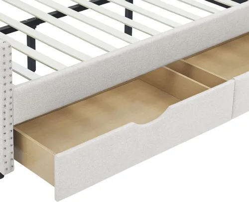 Vista 6 de Sofá cama tapizado de tamaño matrimonial con 2 cajones de almacenamiento, sofá cama con botones y brazos para uñas, color beige Completamente beige