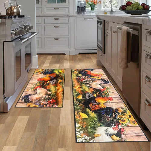 Vista 22 de JWXCBIM Juego de 2 alfombras de cocina con diseño de gato, decoración de estilo granja campestre, tapete de piso de cocina, alfombra antideslizante