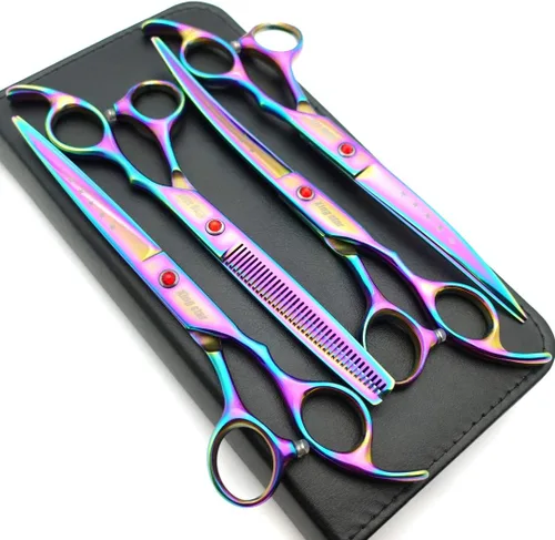 Vista 10 de KINGSTAR Juego de tijeras profesionales de aseo de mascotas de 7.0 pulgadas, color azul titanio, tijeras rectas, adelgazantes y curvas, juego de 4