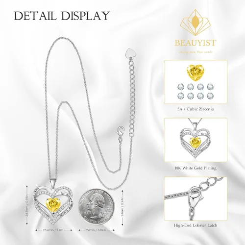 Vista 3 de Beauyist Birthstone Necklaces for Women & Girls, Love Heart Pendant Necklace Chains Jewelry Gifts, 5A Zirconia I Love You Necklace, Anniversary