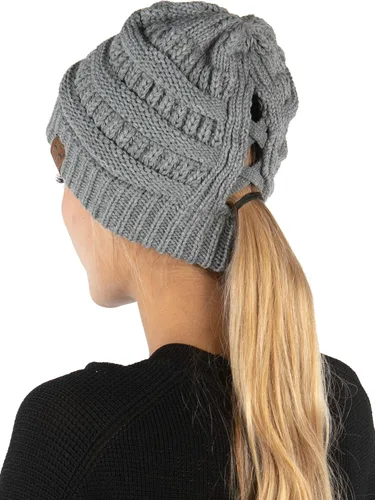 Vista 26 de Funky Junque - Gorro de coleta para mujer – Gorro de invierno con cola de caballo cruzada para mujer, cálidos y lindos gorros de punto con cola