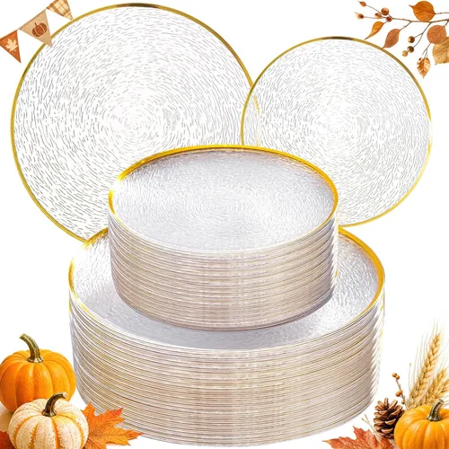 Vista 23 de Liacere 100 platos cuadrados de plástico blanco y plateado, 50 platos de cena blancos resistentes de 9.5 pulgadas y 50 platos de postre de 6 Blanco