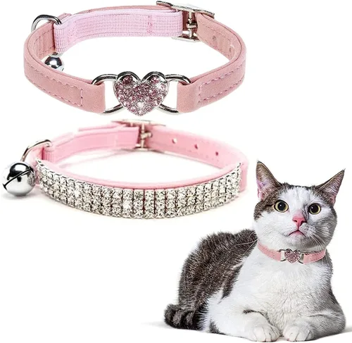 Vista 20 de BINGPET collar ajustable para gatos, de terciopelo suave, seguro, collares Bling diamante con cascabel, Adjustable, Negro Negro