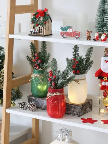 Vista 6 de Tarros de cristal de Navidad, centro de mesa de Navidad para mesa, juego de 3 tarros de albañil coloridos con luces y plantas artificiales