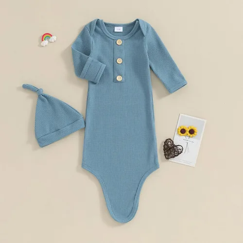 Vista 3 de BULINGNA Pijama de una pieza para bebé recién nacido, con nudo y gorro, unisex, con manoplas