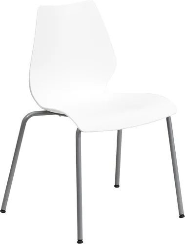 Vista 3 de BizChair Silla apilable blanca con soporte lumbar y marco plateado