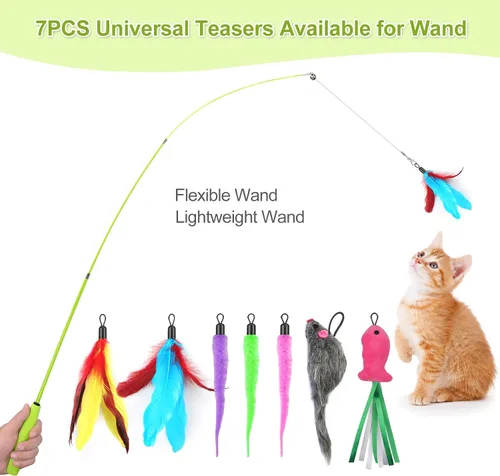 Vista 2 de ChicWow Varita Retráctil Interactiva para Gatos y Juguetes Colgantes para Gatos - 2 Varitas, 2 Colgantes, 7 Juguetes Tentadores para Gatos Adultos