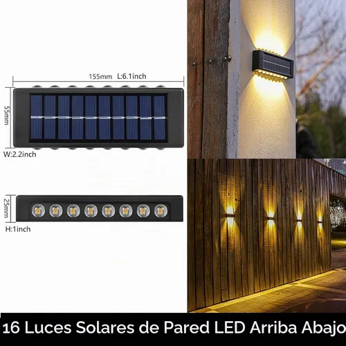 Vista 3 de ASLIDECOR 16 luces LED solares de pared, paquete de 2 luces solares blancas cálidas impermeables para cerca, iluminación solar negra para cubierta