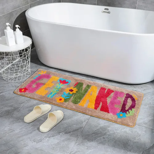 Vista 2 de Alfombra de baño con texto en inglés «Get Naked», de estilo bohemio, de 20 x 47 pulgadas, antideslizante, absorbente, bonita, divertida, gruesa