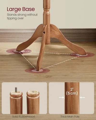 Vista 4 de VASAGLE Perchero de madera maciza y soporte, árbol de pasillo independiente con 10 ganchos para sombreros, bolsos, carteras, para entrada, pasillo