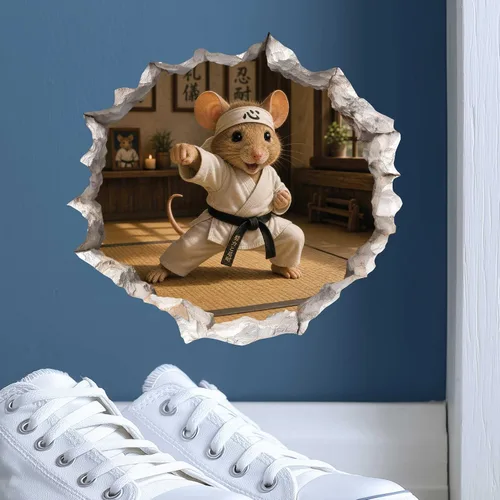 Vista 6 de Calcomanía de ratón de karate en agujero de ratón, adhesivo de pared 3D con agujero de ratón