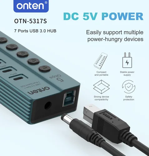 Vista 2 de Onten Hub USB-C 3.0 de 7 puertos, transferencia de datos de alta velocidad de 5 Gbps, interruptores independientes, amplia compatibilidad