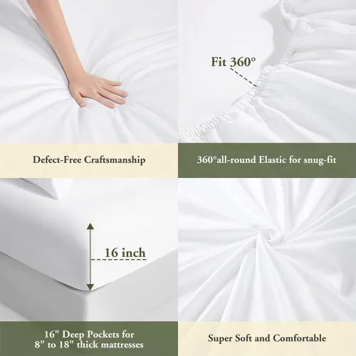 Vista 6 de Sábanas de algodón de 1200 hilos, sábanas de 100% algodón egipcio para cama tamaño Queen, sábanas de tejido satinado, bolsillo profundo de 16
