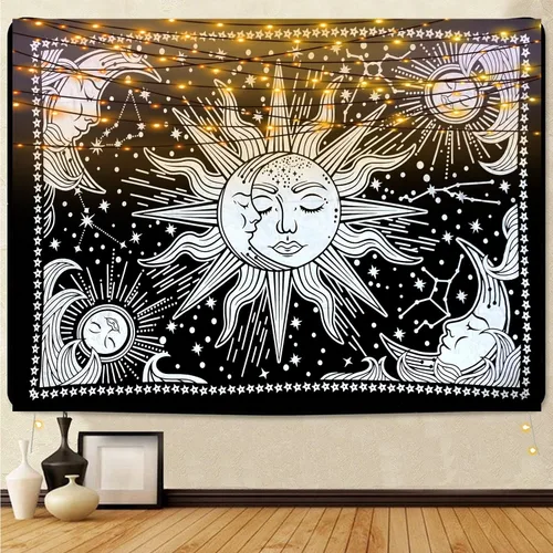 Vista 5 de ICC - Tapiz de sol y luna, tapiz de sol blanco y negro, sábana para colgar en la pared, decoración de habitación, tapices estéticos de arte místico