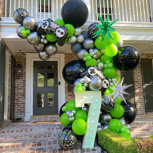 Vista 3 de Kit de guirnalda de arco de globos de videojuegos, 144 unidades, color verde, negro y plateado, estrella explosiva, globos de Mylar para niños