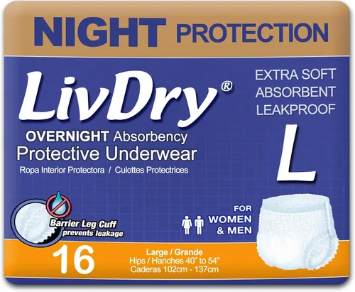 Vista 10 de LivDry Ropa interior para incontinencia XS para adultos, absorción de comodidad durante la noche, protección contra fugas, talla XS, paquete de 22