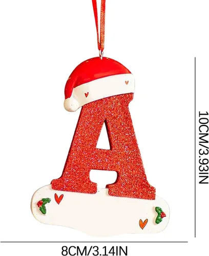 Vista 4 de Adornos de letras iniciales de Navidad personalizadas, sombrero rojo, letras de adorno para árbol de Navidad, decoración colgante de Navidad (A)