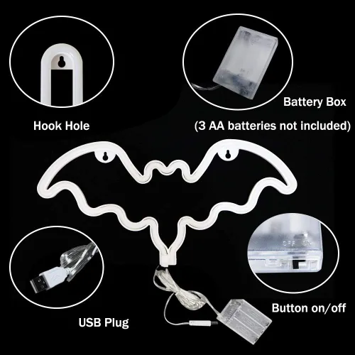 Vista 6 de Vicila Letreros de neón con forma de murciélago para Halloween, luces de neón LED, regalos espeluznantes, lámpara con forma de murciélago para Azul