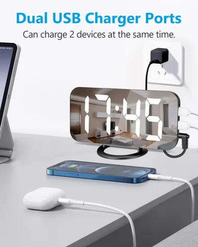 Vista 2 de Reloj despertador digital, relojes electrónicos con espejo LED de 7 pulgadas, con 2 puertos de carga USB, modo de suspensión, ajuste automático