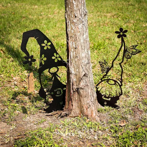 Vista 2 de RealSteel Gnomos de jardín de metal para exteriores, paquete de 4 adornos y estatuas de acero para césped, divertida decoración de patio