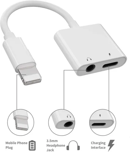 Vista 3 de Certificado MFi de Apple] Cargador de auriculares Aux Dual Splitter para iPhone 7/8Plus/X/Xr/Xs/SE/11/12/Pro/Max/ipad Auricular Audio Jack Lightning