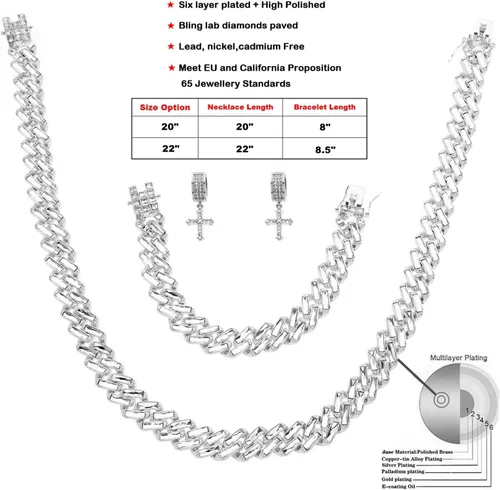 Vista 2 de HH BLING EMPIRE Juego de collar y pulsera de eslabones cubanos de oro y plata para hombre, joyería de hip hop para hombres y niños