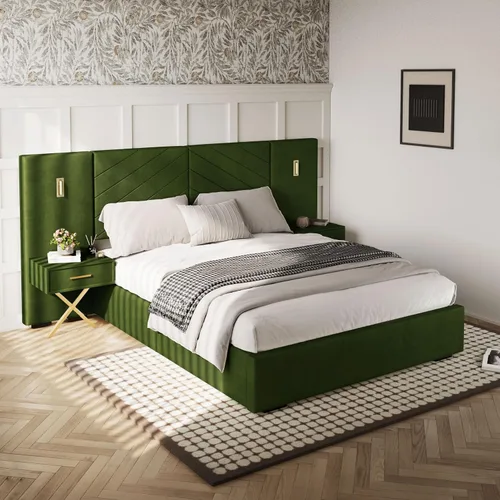 Vista 14 de DEINPPA Base de cama Queen de lujo con luces LED doradas integradas y mesitas de noche, cama de plataforma tamaño Queen con cabecera tapizada