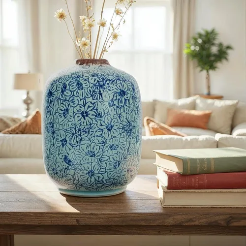 Vista 7 de Creative Co-Op Jarrón decorativo redondo de terracota con patrón floral con acabado envejecido, azul
