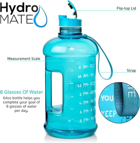 Vista 5 de NatureWorks HydroMATE Botella de agua de medio galón con horarios para beber sin BPA, a prueba de fugas, jarra reutilizable con asa, 64 onzas