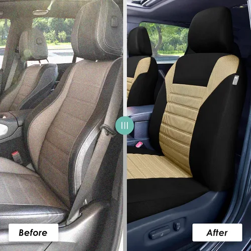 Vista 7 de TLH - Fundas de asiento de tela de malla de aire 3D color beige, ajuste universal para coches, camiones, SUV - Solo para asientos delanteros