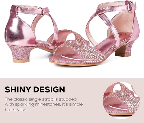 Vista 3 de Chumchoi Sandalias para niñas con diamantes de imitación, tacón bajo, correa de tobillo, vestido de tacón alto, boda, fiesta, para niños pequeños