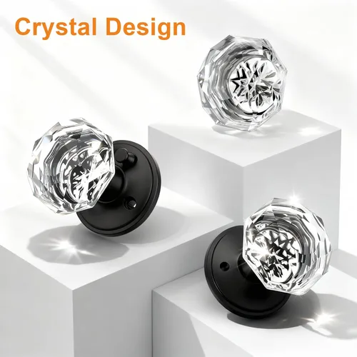 Vista 2 de Gobrico Pomo de puerta de cristal para dormitorio y baño con roseta clásica negro mate, diamante transparente octogonal para puerta interior, 1