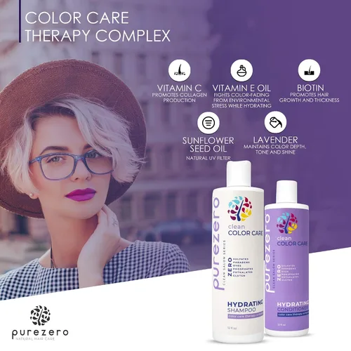 Vista 4 de Purezero Clean Color Care - Juego de champú y acondicionador hidratante, tonificación, equilibrio para cabello teñido - Hidrata el cabello seco