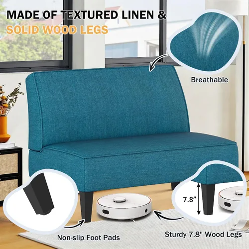 Vista 4 de Sofá biplaza pequeño, mini sofá azul, banco tapizado con respaldo para sala de estar, dormitorio, oficina, sin brazos