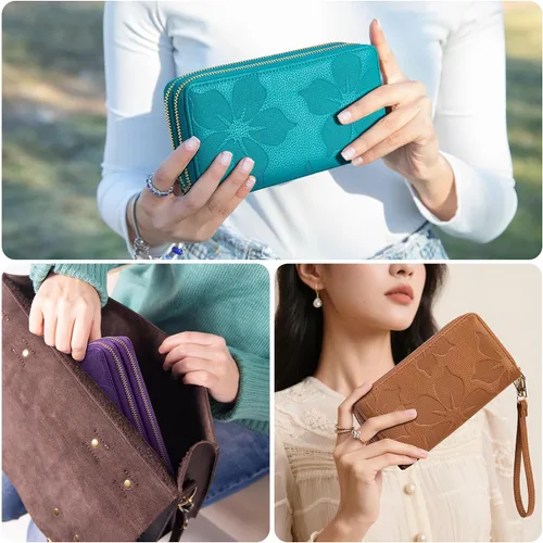 Vista 2 de Espera Cartera de mujer con bloqueo RFID de gran capacidad, tarjetero con doble cremallera, de cuero, con cartera para mujer con correa