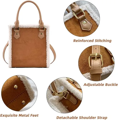 Vista 3 de Mudono Bolsos de mano para mujer, bolso pequeño de gamuza, bolso cuadrado cruzado al hombro con ribete de piel de oveja sintética y correa