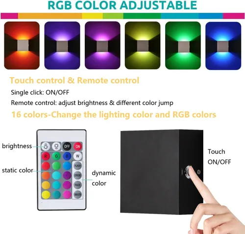 Vista 2 de Juego de 2 apliques de pared inalámbricos negros con control remoto, 16 modos de color, recargable, para dormitorio, sala de estar