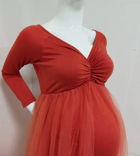 Vista 6 de ZIUMUDY Vestido de maternidad de tul con hombros descubiertos para sesión de fotos, vestido de fotografía ajustado de manga larga para baby shower