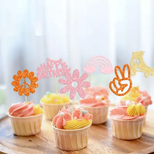 Vista 3 de Gyufise 24 piezas de decoración hippie para cupcakes con purpurina de los años 60, retro, bohemio, flor, sol, paz, mano, dos geniales selecciones
