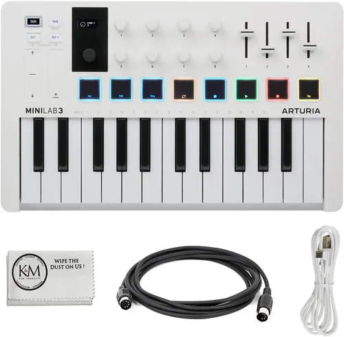 Vista 8 de Arturia MiniLab 3 - Teclado MIDI compacto y controlador de almohadilla Paquete naranja con cable MIDI de 6 pies + paño de limpieza de microfibra