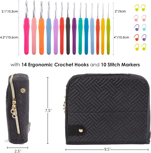 Vista 2 de MYBAGZING Estuche para Ganchos de Ganchillo con Juego de 14 Ganchos de Ganchillo de Tamaño 2 mm (B) - 10 mm (N) Ganchos de Ganchillo Ergonómicos