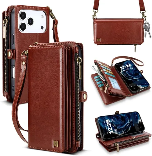 Vista 44 de Funda tipo cartera para iPhone 16 Pro Max con 8 tarjeteros, bloqueo RFID, piel sintética, función atril, abatible, correa de muñeca y correa